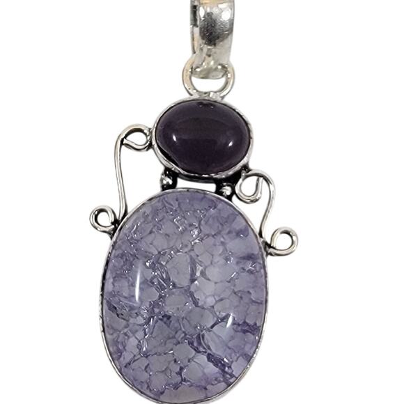 Handmade Silver Pendant with Crackled Amethyst and Deep Purple Gem - Picture 1 of 10